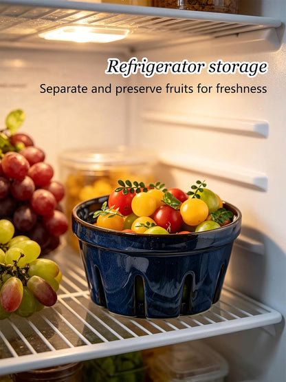 Gomakren Berry Bowls with Holes Ceramic, Berry Washing Bowl Basket Set of 2, 5.8 Inch Round Fruit Bowl Storage Containers, Strawberry Baskets, Farmhouse Kitchen Decor, Yellow + Brown