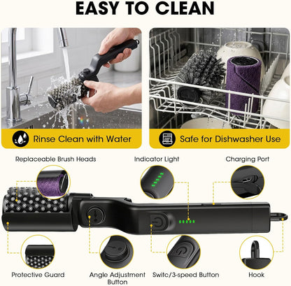 Electric Grill Brush, Electric Grill Cleaner Brush for Outdoor Grill, Cordless Rechargeable BBQ Grill Cleaning Brush, Power Barbecue Grill Brush, Motorized Grill Brush with 3-Speed & Adjustable Angle