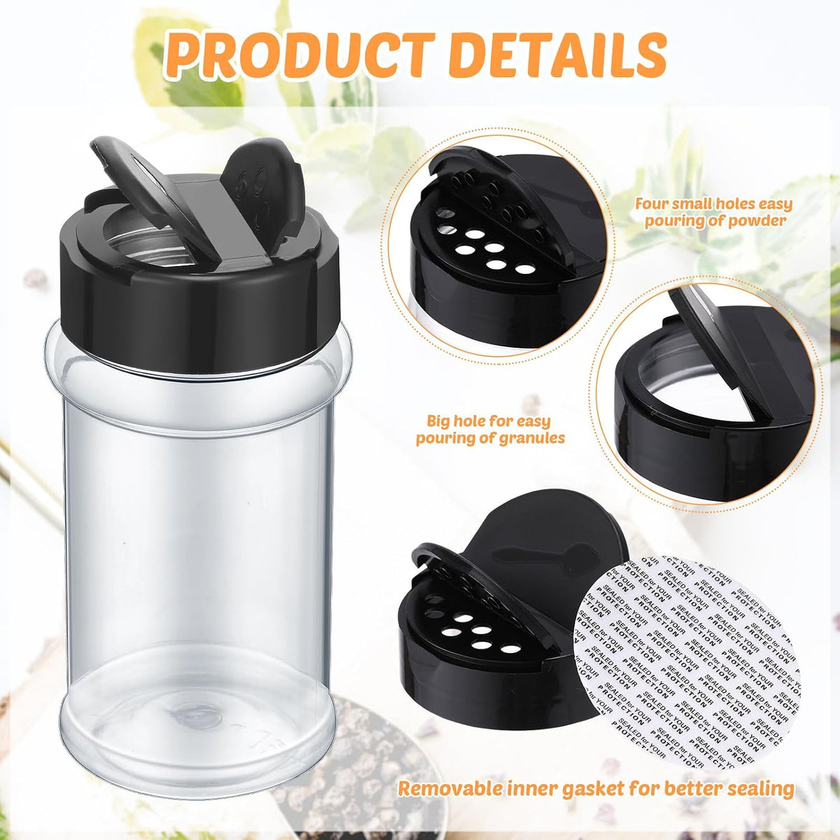 Jadive Plastic Spice Jars with Shaker Lids, 5.5oz, Black