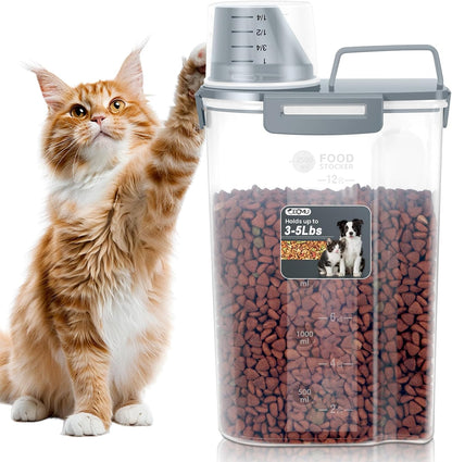 Dog Cat Food Storage Container, Pet Food Pourable Container Airtight with Large Spout & Cup, BPA-Free Plastic Food Dispenser for Pet Food, Bird Seed, Rice, Flour (Dark Gray, 2.5L)