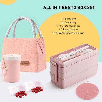 Bento Box Japanese Lunch Box Kit Leakproof Bento Lunch Box for Kids Adults Wheat Straw 3 Layer Stackable Lunch Containers with Compartment Eco-Friendly Meal Prep Containers (Beige)