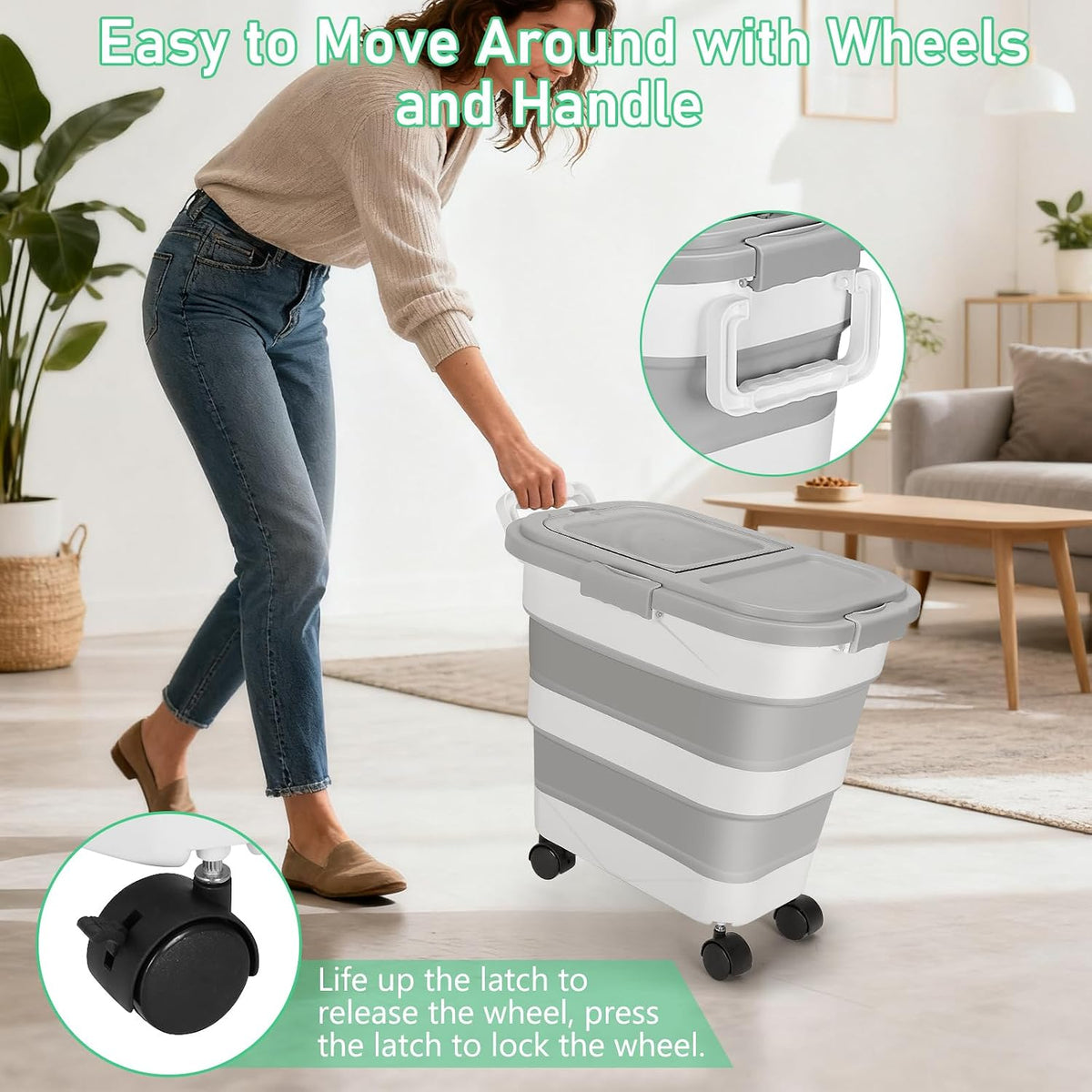 Dog Food Storage Container with Rolling Wheel and Airtight Lid, Black, 30LB | Foldable Food Storage Bins with Snap-Lid Seal to Keep Kibble, Pellets or Seeds Fresh for Dogs, Cats and Birds