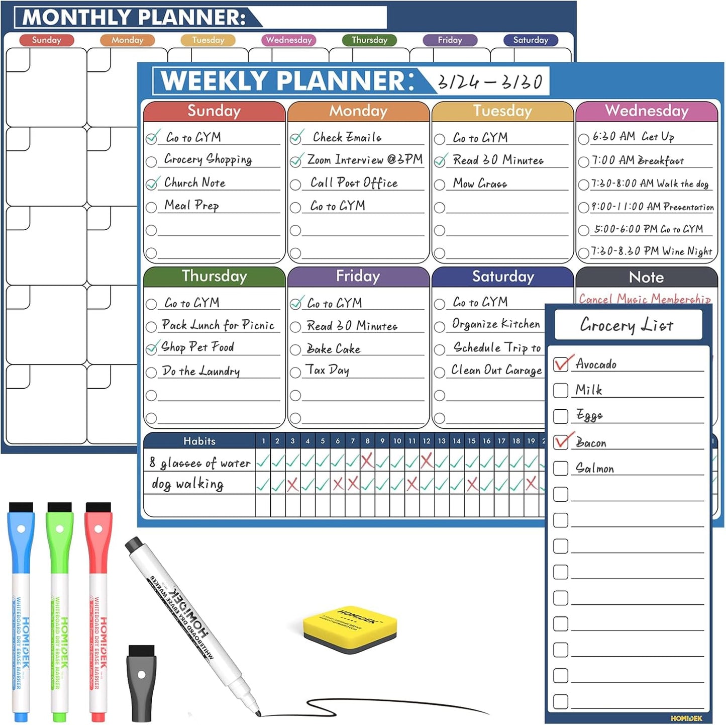 Magnetic Meal Planner Menu Board: Reusable Dry Erase Family Planning Board with Grocery List & Fridge Freezer Inventory List for Refrigerator, Dry Erase Markers and Eraser Included - 14x11 Inches