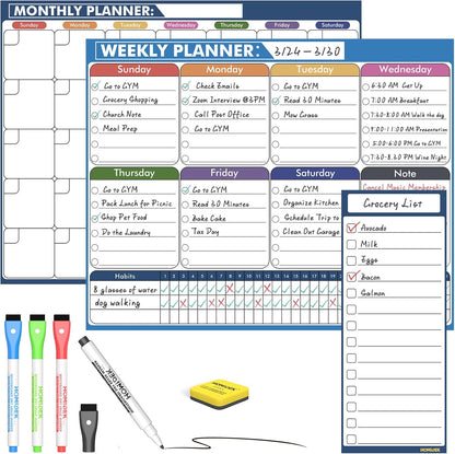 Magnetic Meal Planner Menu Board: Reusable Dry Erase Family Planning Board with Grocery List & Fridge Freezer Inventory List for Refrigerator, Dry Erase Markers and Eraser Included - 14x11 Inches