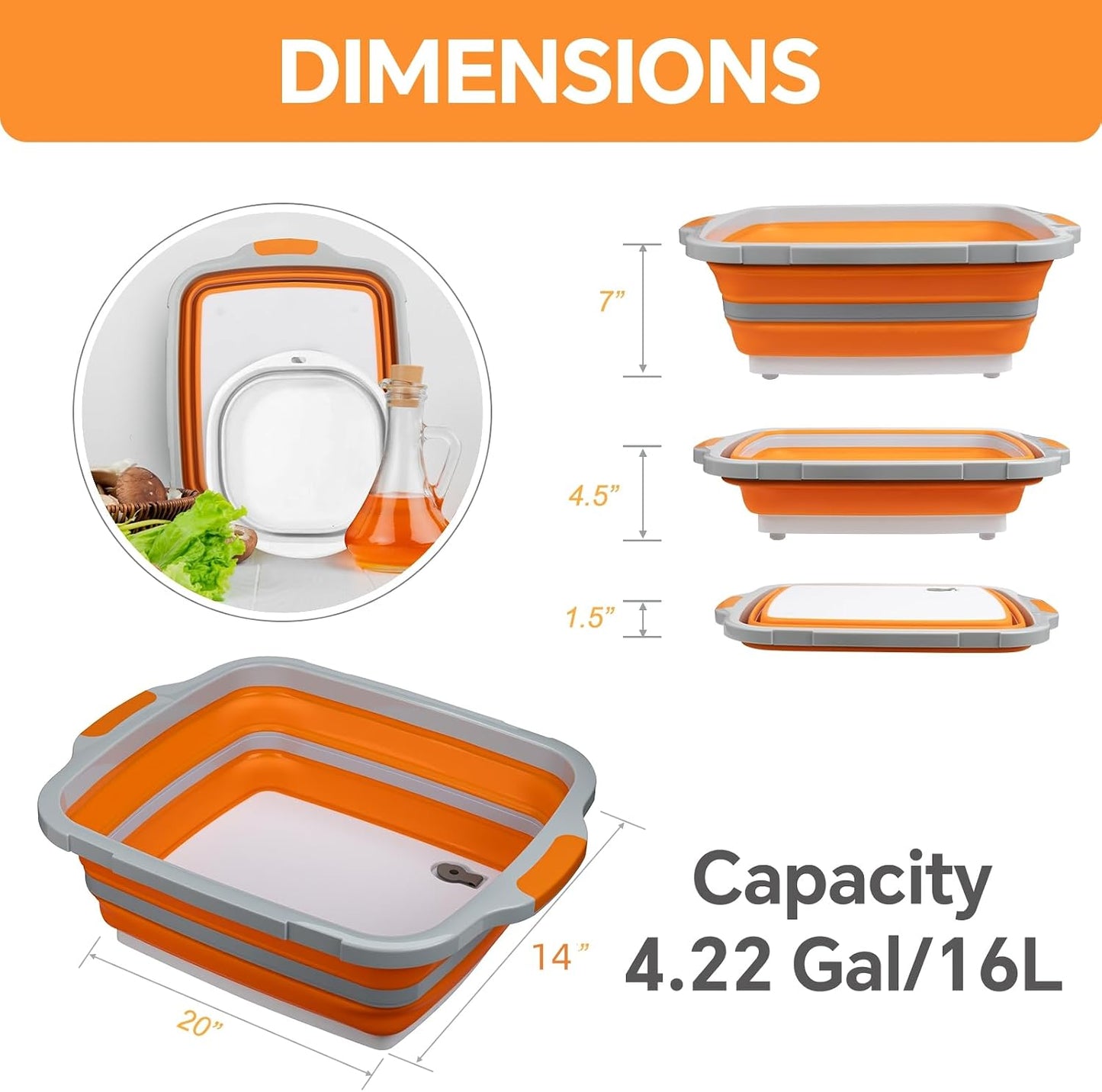 XUDAKAIXIN Collapsible BBQ Prep Tub for Meal Prep, Marinating,Food Storage, picnics, camping, barbecues,cutting fruits and vegetables - Includes Cutting Board and Locking Lid,(X-Large) Black