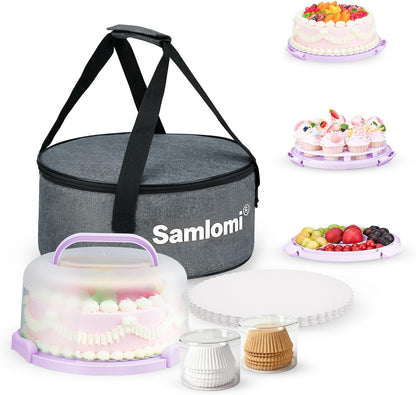 Cake Carrier with Lid and Handle, Bpa-Free Cake Holder with Lid for 10 Inch Round Cake Carrier with 10 pcs Round Golden Cake Boards and Portable Insulated Bag & Two Boxes of Cupcake Paper Liners