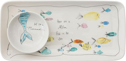 Creative Co-Op Rectangle Stoneware Plate with Fish Images and Matching Bowl