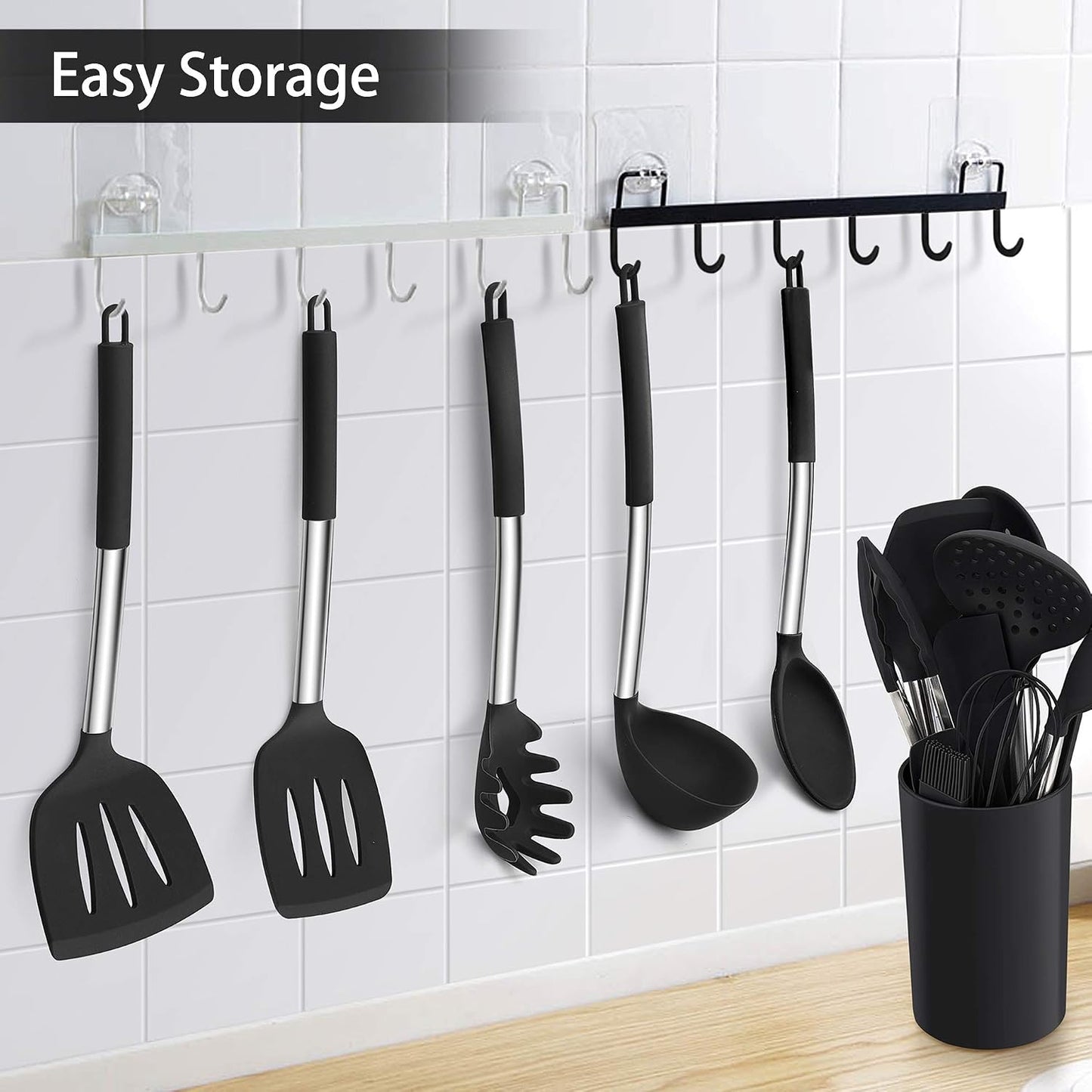 LIANYU 15 Pcs Kitchen Cooking Utensils Set with Holder, Silicone Kitchen Tools with Stainless Steel Handle, Heat Resistant Gadgets, Brush Spatula Spoon Whisk for Cookware, Dishwasher Safe, Khaki