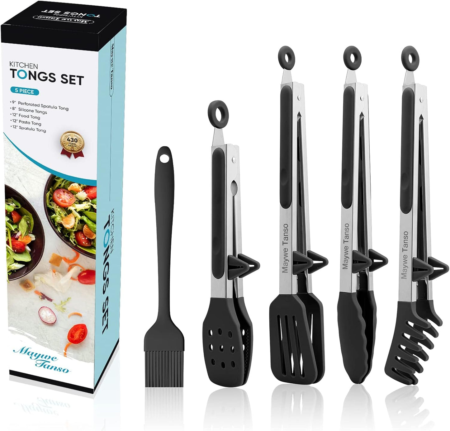 3 Pack Silicone Tongs for Cooking,Maywe Tanso 9 Inch Cooking Kitchen Tongs with Silicone Tips,Nonstick Stainless Steel Tongs for Steak Pie Pizza Pasta Spaghetti Salad BBQ Buffet