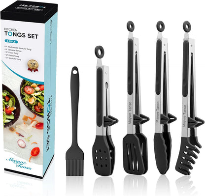 3 Pack Silicone Tongs for Cooking,Maywe Tanso 9 Inch Cooking Kitchen Tongs with Silicone Tips,Nonstick Stainless Steel Tongs for Steak Pie Pizza Pasta Spaghetti Salad BBQ Buffet