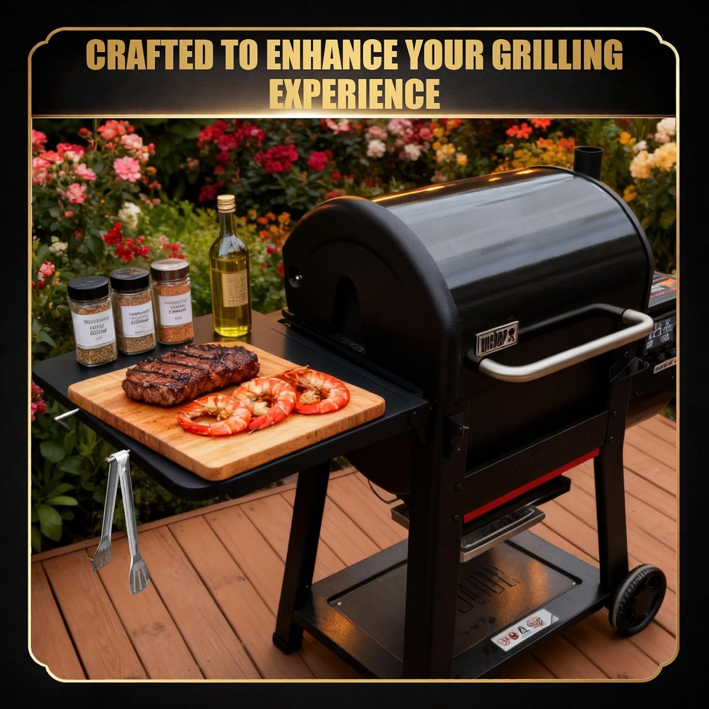 QuliMetal Folding Front Shelf for Traeger Pro 34, Texas Elite 34, Century 885 and Eastwood 34, 37" x 12" Heavy-Duty Grill Prep Table with Cutting Board, Stainless Steel Basin, Lid and 5 Hooks
