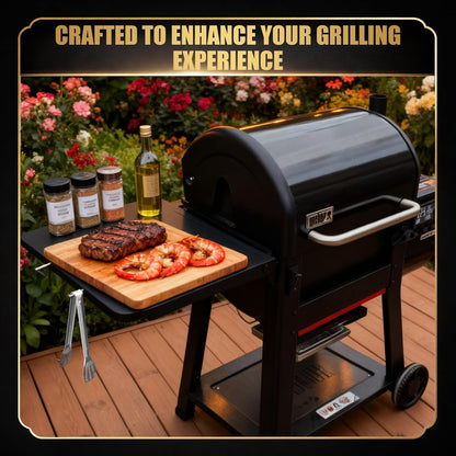 QuliMetal Folding Front Shelf for Traeger Pro 34, Texas Elite 34, Century 885 and Eastwood 34, 37" x 12" Heavy-Duty Grill Prep Table with Cutting Board, Stainless Steel Basin, Lid and 5 Hooks