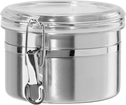 Oggi Stainless Steel Kitchen Canister 62 fl oz - Airtight Clamp Lid, Clear See-Thru Top - Ideal for Kitchen Storage, Food Storage, Pantry Storage. Large Size 5" x 7.5".