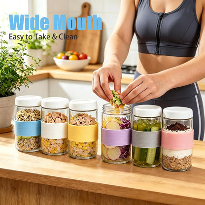 16 oz (6 Pack) Overnight Oats Containers with Airtight Lids and Silicone Sleeves, Leakproof Glass Meal Prep Containers, Wide Mouth Cookie Jars for Yogurt Chia Salad Smoothies Snacks