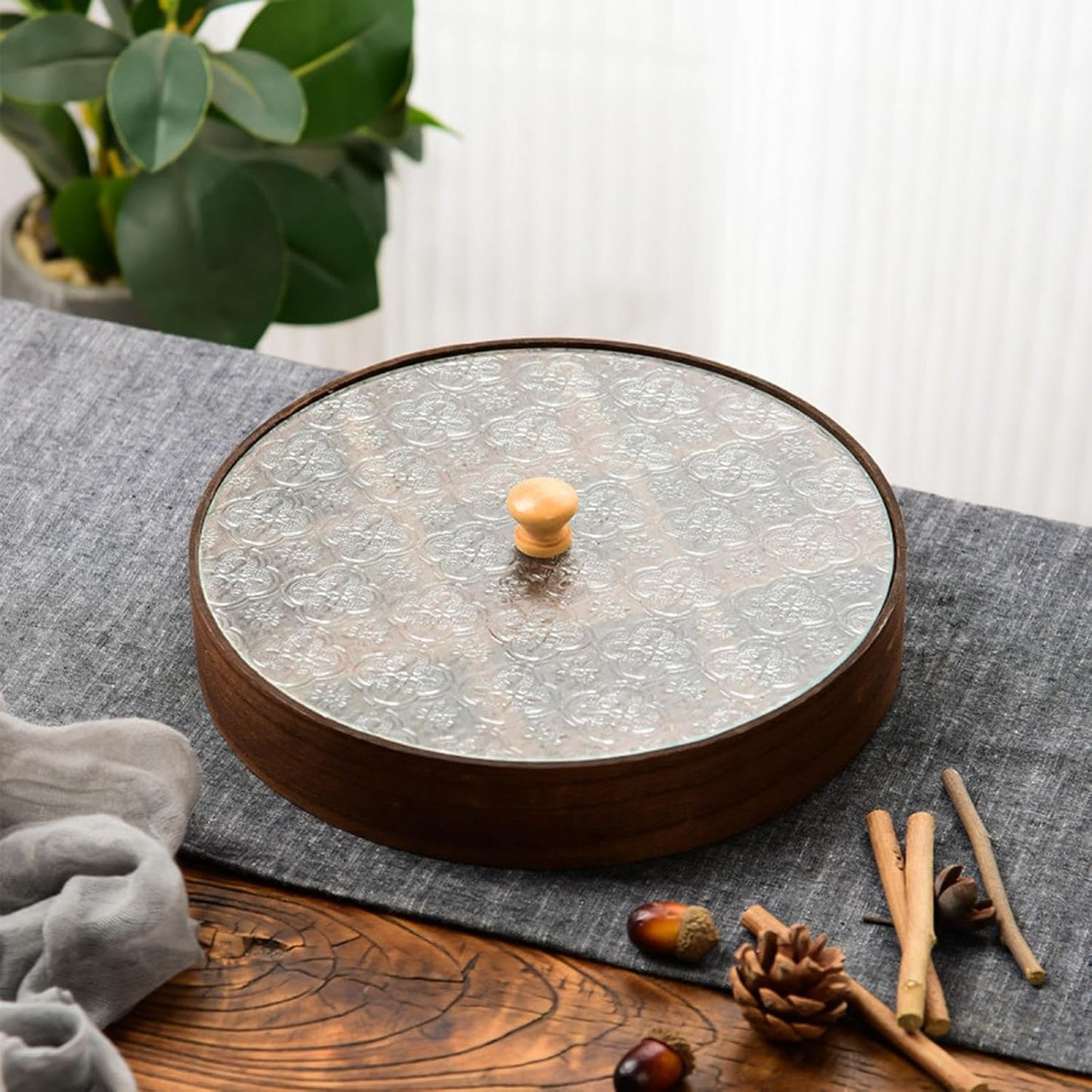 Divided Serving Tray with Glass Lid, Wood Snack Tray Decorative Bowl Dry Fruits Food Organizer for Candy, Fruits, Nuts, Snacks, 30x30x4cm