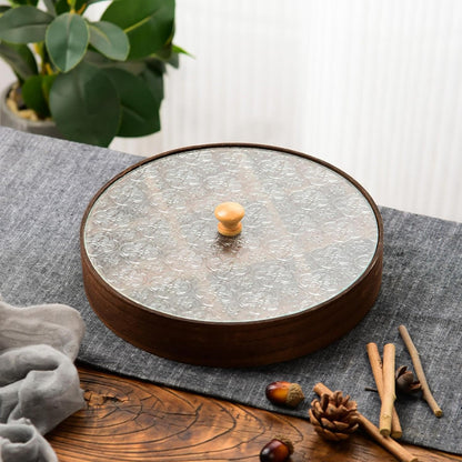 Divided Serving Tray with Glass Lid, Wood Snack Tray Decorative Bowl Dry Fruits Food Organizer for Candy, Fruits, Nuts, Snacks, 30x30x4cm
