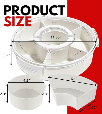 12" Divided Rotating Serving Tray with Lid and Handle — Clear Snack Spinner Organizer and Storage 12 Inch Portable Snackle Box for Fruits Snacks Veggie Charcuterie with 6 Compartments