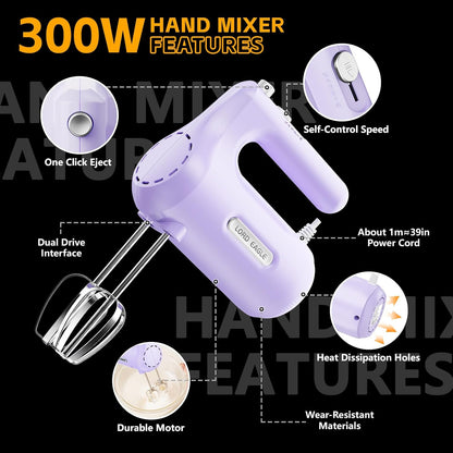 5-Speed Small Hand Mixer Electric, 300W Compact Portable, Black