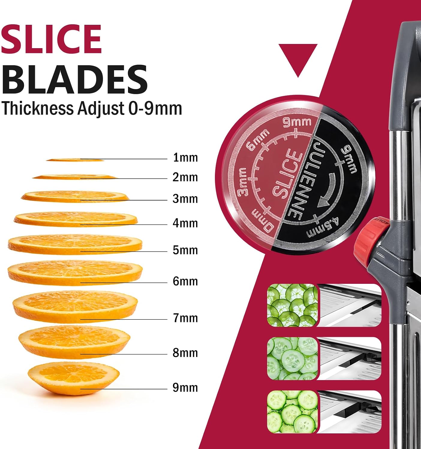 Masthome Adjustable Mandoline Slicer, Thin to 9mm Slice, 4.5mm & 9mm Julienne - Vegetable Cutter for Potato Carrot Onion - Stainless Steel - with Glove & Brush (Red)