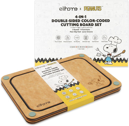 Elihome X Peanuts Kitchen Cutting Board Set, Non Slip Feet, Double Sided Color Coded with Food Icon, Natural Wood Fiber, Dishwasher Safe, Eco-Friendly, Juice Grooves,Non Porous, BPA Free, 2 Pack