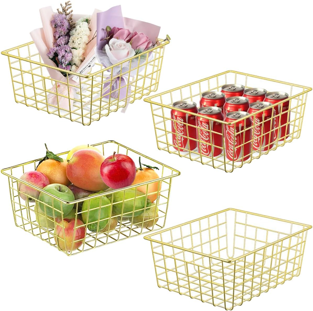 3 Pack Large Wire Baskets for Organizing 14.2'' Metal Wire Baskets with Built-in Handles, Wire Storage Basket Black Metal Freezer Organizer Wire Basket for Pantry, Cabinets, Bathroom