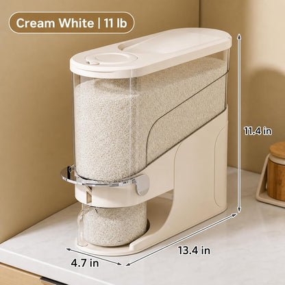 Rice Dispenser 11 Lb, Slim Rice Storage Container with Double Sealing Strip, Press to Dispense Cereal Container Airtight for Kitchen Pantry Organization, (Ivory White-11lb)