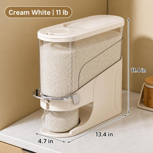 Rice Dispenser 11 Lb, Slim Rice Storage Container with Double Sealing Strip, Press to Dispense Cereal Container Airtight for Kitchen Pantry Organization, (Ivory White-11lb)