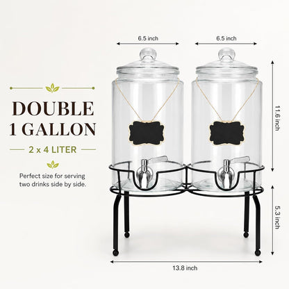 1 Gallon Beverage Dispenser 1 Pack, Stainless Steel Spigot Drink Dispenser for Parties with Stand, Clear Glass Drink Container Easy to Refill and Clean