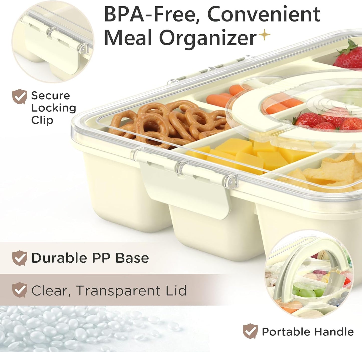 Snackle Box Container for Adults with 10 Compartment, Divided Serving Tray with Lid and Handle and 2 Sauce Containers, Portable Snack Box Container for Charcuterie Party Travel, Purple
