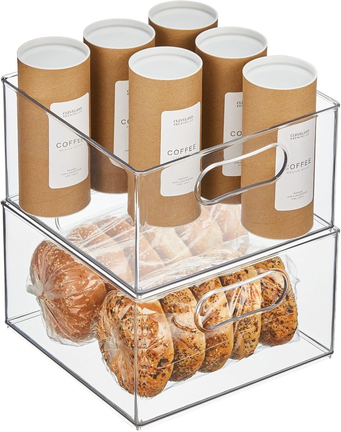 mDesign Deep Plastic Stackable Kitchen Storage Organizer Container Bin for Pantry, Cabinet, Cupboard, Shelves, Fridge, or Freezer - Holds Dry Goods, Sauces, Condiments, Ligne Collection, 2 Pack, Clear