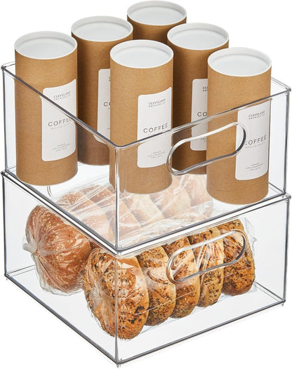 mDesign Deep Plastic Stackable Kitchen Storage Organizer Container Bin for Pantry, Cabinet, Cupboard, Shelves, Fridge, or Freezer - Holds Dry Goods, Sauces, Condiments, Ligne Collection, 2 Pack, Clear