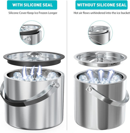 3.2L Double Wall Stainless Steel Ice Bucket with Lid,Scoop, Updated Insulated Ice Bucket for Cocktail Bar and Parties