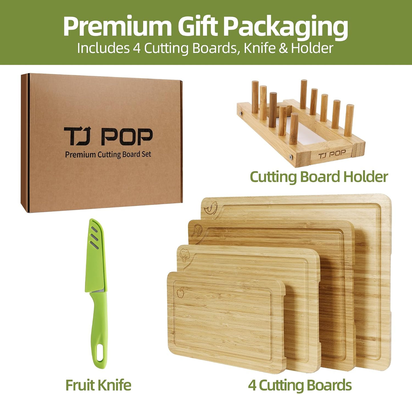 Wood Cutting Board Set of 4, Wooden Chopping Boards with Food Icons for Kitchen, Charcuterie Board for Meat, Vegetables, Fruits, Cheese