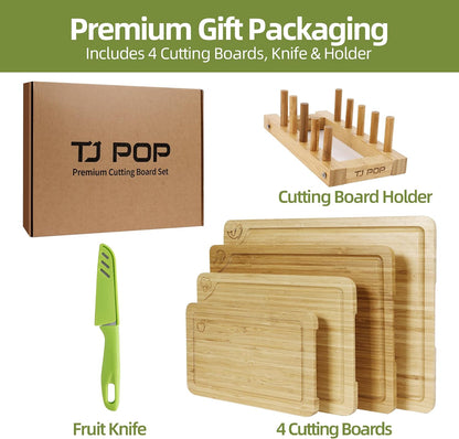 Wood Cutting Board Set of 4, Wooden Chopping Boards with Food Icons for Kitchen, Charcuterie Board for Meat, Vegetables, Fruits, Cheese