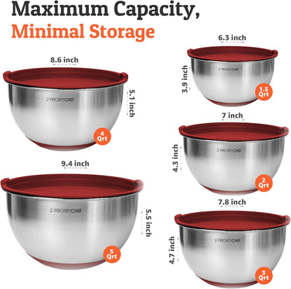 Priority Chef Premium Mixing Bowls With Lids Set, Airtight Lids, Thicker Stainless Steel, Non-Slip Base, 5 Nesting Steel Bowls for Kitchen, Large Prep Metal Bowl Set 1.5/2/3/4/5 Qt, Black