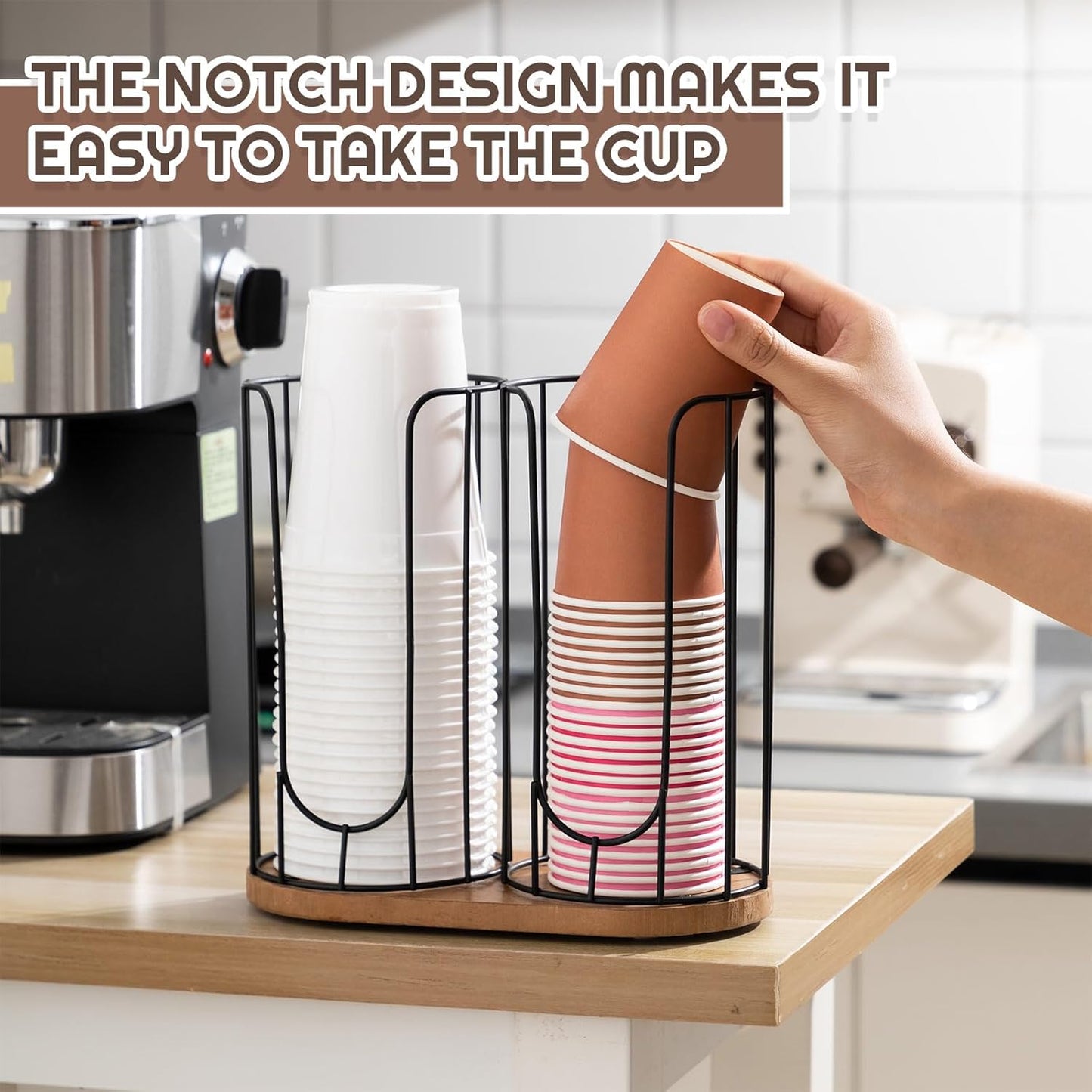Geelin 18oz Adjustable Coffee Cup Dispenser with Wooden Base, Cup and Lid Holder, Cups Holder Organizer for Coffee Pod Straw and Lid Storage(2-compartment Single,Color 2)