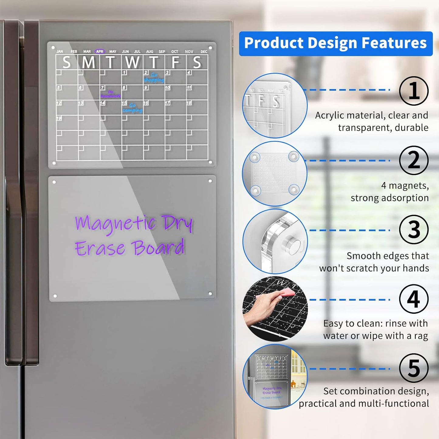 AITEE All-in-One Magnetic Dry Erase Board for Fridge, 2-Pack Acrylic Calendar & Memo Set with 6 Markers (3 Colors), Eraser, Holder, Reusable 16x12 Inch Planner