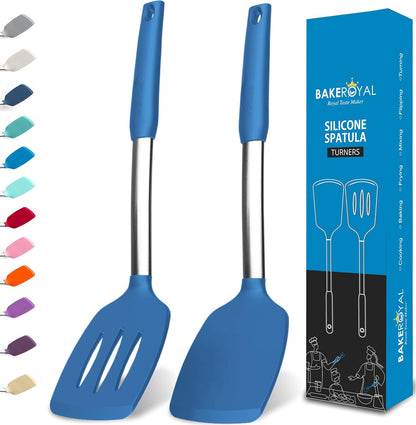 BakeRoyal Silicone Spatula Set - Turner Spatulas Silicone Heat Resistant 600°F - Slotted & Solid Spatula for Cooking Fish, Eggs, Pancakes Flipper – Spatulas for kitchen use – Black