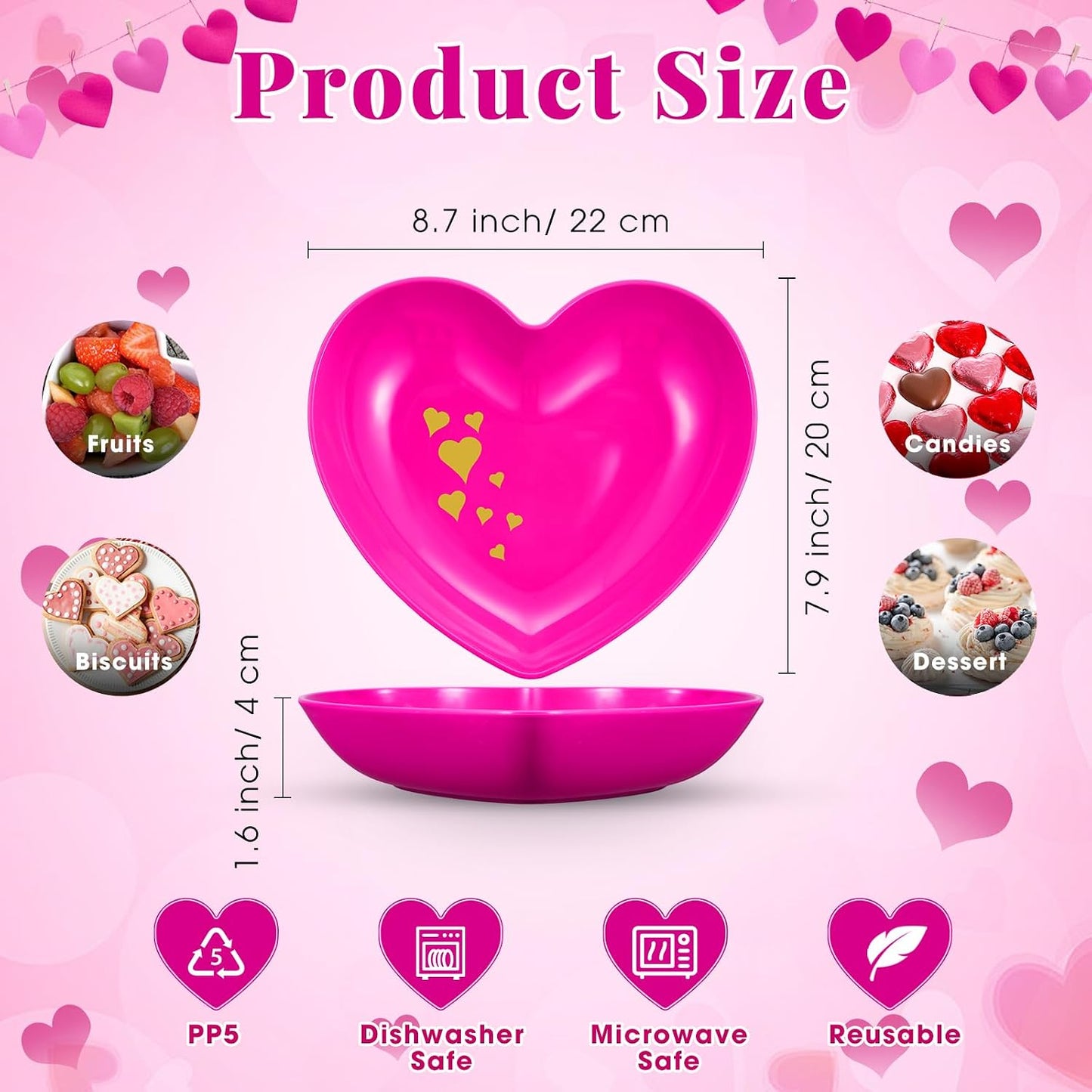 Reallnaive 6 Pcs 8.7 Inch Valentines Day Heart Shaped Plates Dessert Bowls Appetizer Plates Salad Bowls for Gift Valentine's Day Anniversary Party Supplies