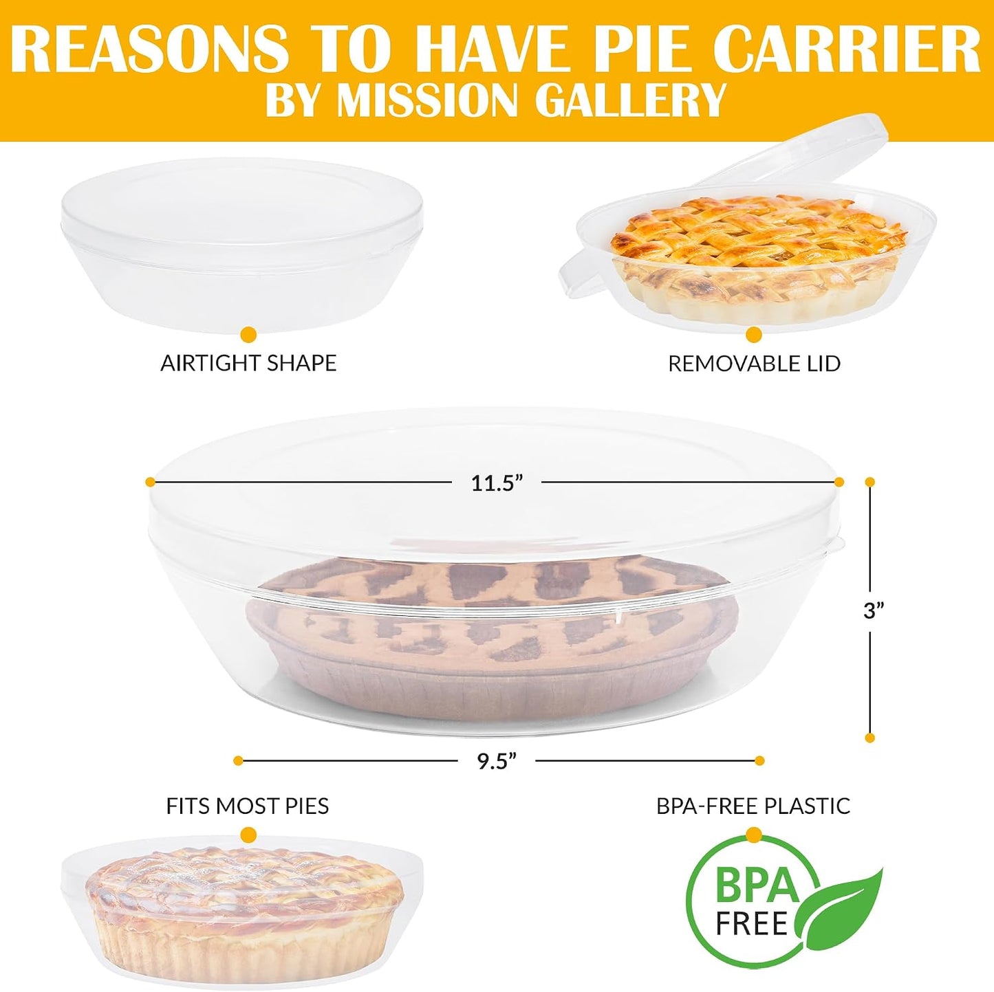 2 Pack Pie Carrier with Airtight Lid - BPA Free Pie Storage Container with Cover - Transport Keeper for Most Bakery - Plastic Pie Dish Holder