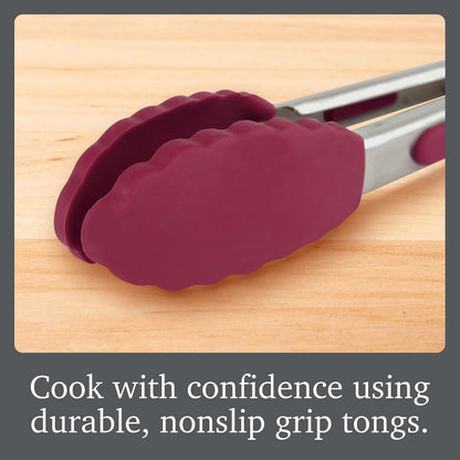 Tovolo Stainless Steel Tongs with Silicone Tips Set of 3 Mini 7” 9” 12 Inch with Easy Lock Mechanism for Cooking Grilling Air Fryer Serving, Red Black Charcoal Gray Heat Resistant Kitchen Tongs