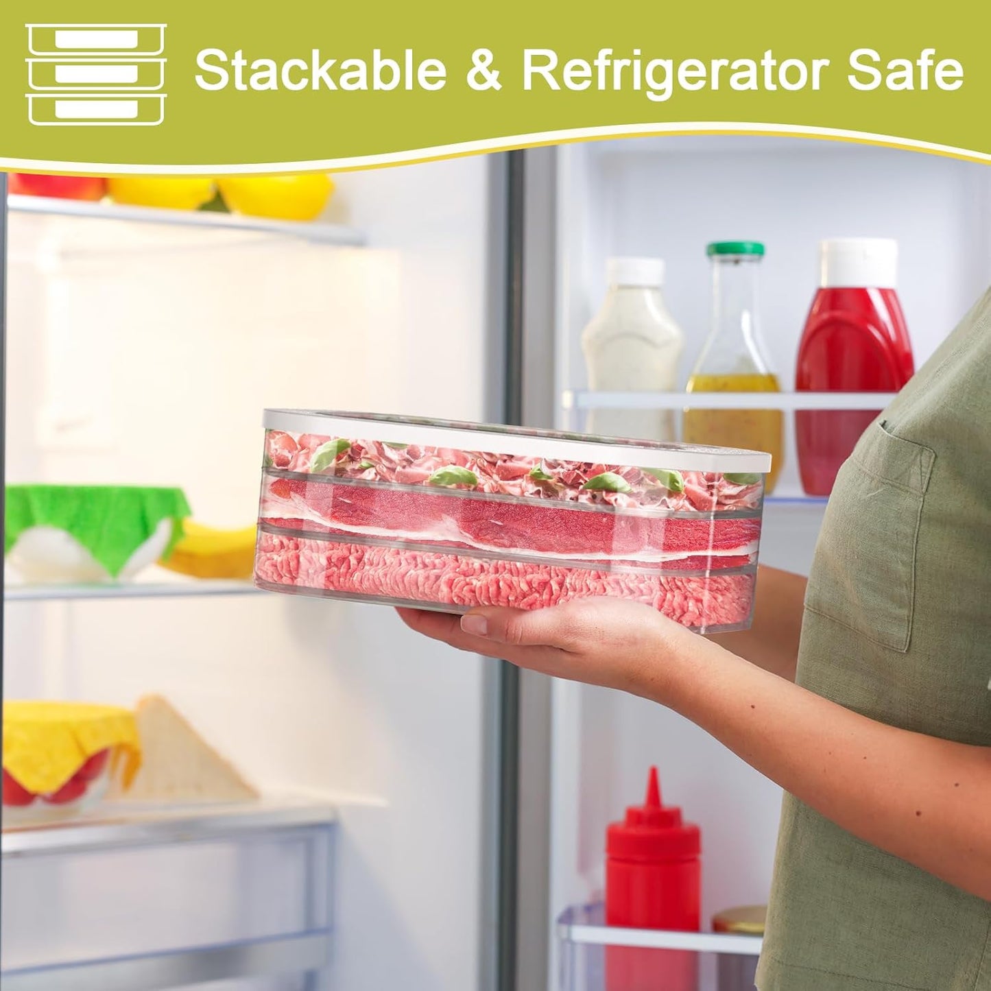 Cecnamt Stackable Deli Meat Container with Drainage Groove and Silicone Lid, Clear Refrigerator Storage Containers for Lunch Meats, Cold Cuts, Bacon, Cheese, BPA Free - 3 Layer