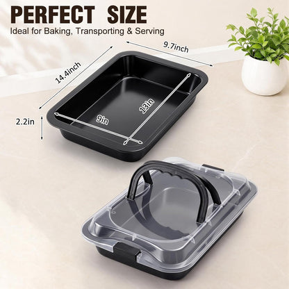 Qinyoung 1 Pcs Cake Baking Pan with Lid and Handle, 9 x 13 Inch Non-stick Rectangle Sheet Cake Pan Carrier for Brownie Roasting Cooking Baking (Black)