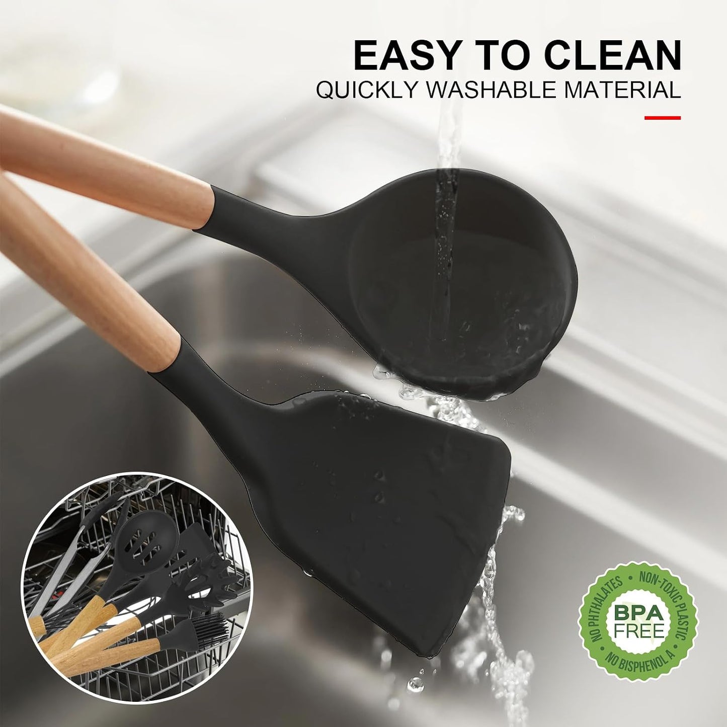 12 pcs Silicone Cooking Utensils Kitchen Utensil Set with Holder Heat Resistant Silicone Spatula Turner Set Wooden Spoons Kitchen Gadgets Tools Cooking Utensils for Nonstick Cookware (White)