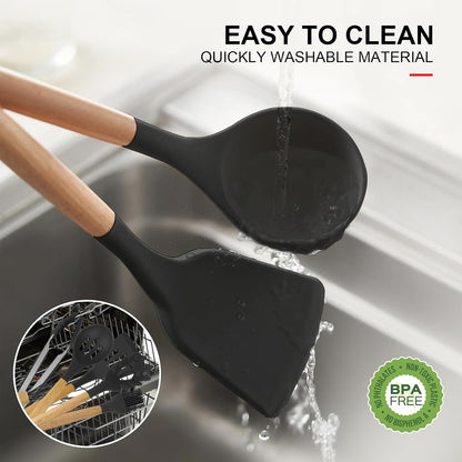 12 pcs Silicone Cooking Utensils Kitchen Utensil Set with Holder Heat Resistant Silicone Spatula Turner Set Wooden Spoons Kitchen Gadgets Tools Cooking Utensils for Nonstick Cookware (White)
