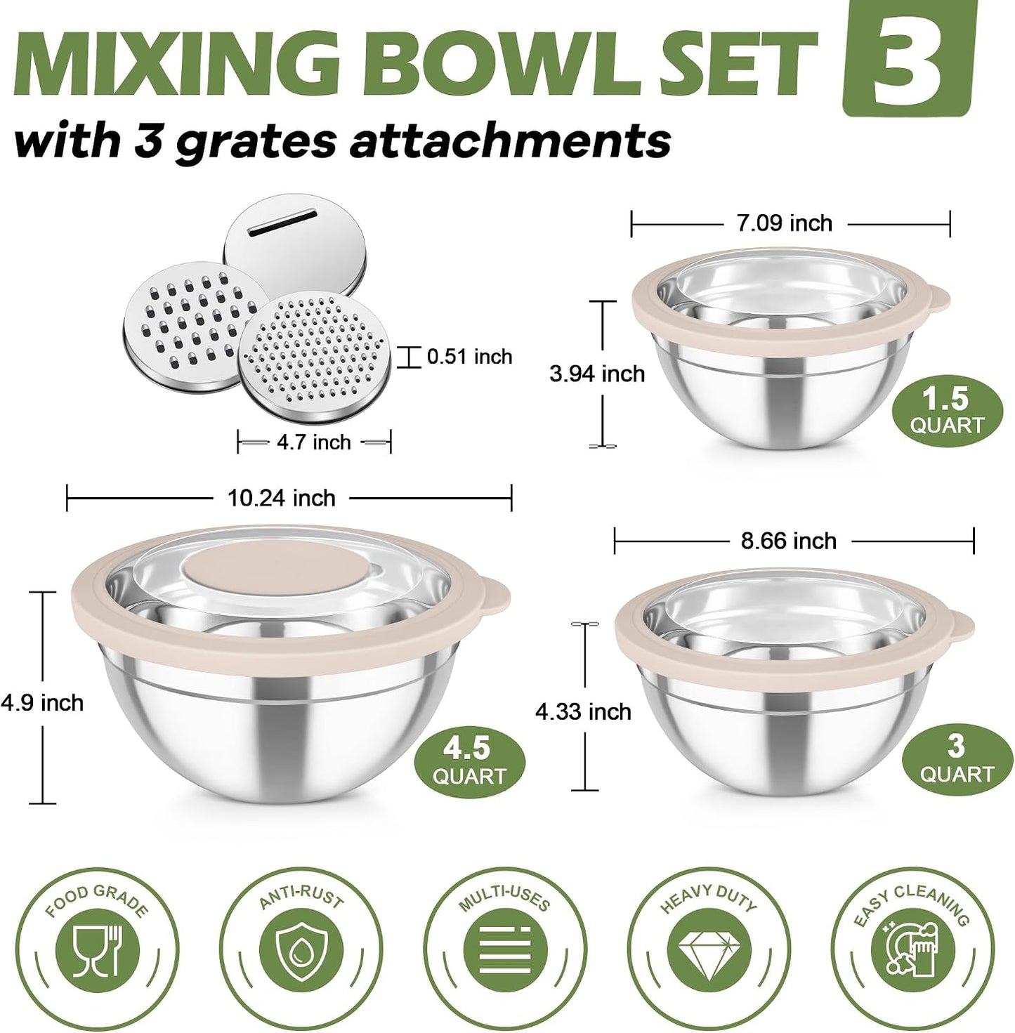 TeamFar Mixing Bowls, Stainless Steel Nesting Salad Bowls with Lids Set of 3 & 3 Grater Attachments, For Mixing/Serving/Storing, Non-toxic & Long-lasting, Size 4.6/3 / 1.5 QT, Black