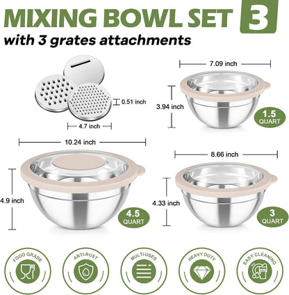 TeamFar Mixing Bowls, Stainless Steel Nesting Salad Bowls with Lids Set of 3 & 3 Grater Attachments, For Mixing/Serving/Storing, Non-toxic & Long-lasting, Size 4.6/3 / 1.5 QT, Black