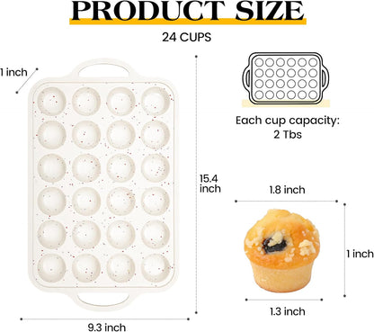 Regular 12 Cup and Mini 24 Cup Nonstick Cupcake Pan Set Silicone Muffin Pan for Baking Silicone Cupcake Mold with Metal Reinforced Frame BPA Free (2 Pcs, Cream)
