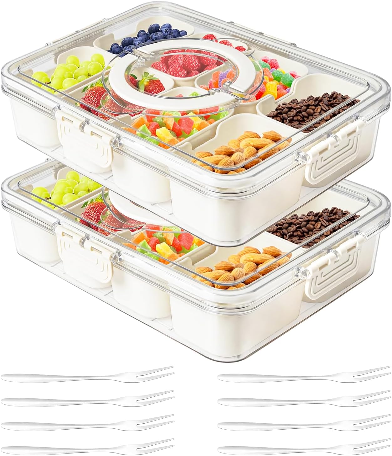 Dunruz Snackle Box Container,Portable Snack Box 8 Compartment Divided Serving Tray with Lid,Clear Storage Organizer for Fruit Candy Nuts Veggie-Perfect for Road Travel Party (1 Pack-8 Compartments)