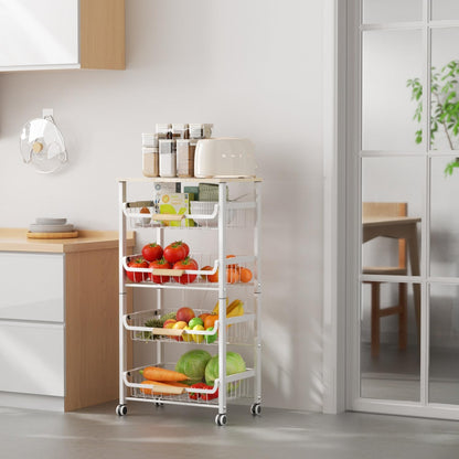 JAQ Slide Out Fruit Vegetable Basket for Kitchen, 4-Tier Rolling Storage Cart with Wooden Handle & Top, Metal Wire Produce Rack for Pantry Organization, Onion Potato Storage Bins for Small Space,White